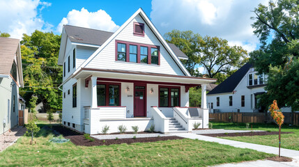 Front angled view of a newly constructed craftsman style white house with maroon accents, located in a vibrant urban neighborhood, sleek and contemporary architecture.