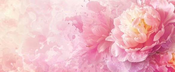 peony flower in a pink color with watercolor splashes in the background and a banner with copy space area.