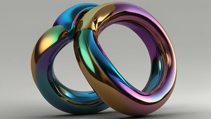 3D iridescent metallic twisted ring, flowing curves, isolated on transparent background
