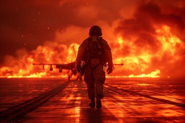 Wall Mural - night military airfield USA, fighters are on fire,