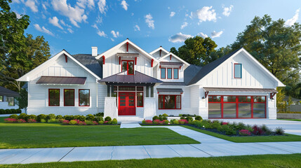 Sticker - Front view of a newly constructed craftsman style white house with red accents, in a suburban neighborhood with manicured lawns, modern and classic fusion.