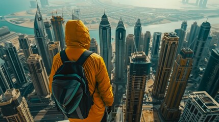 A person wearing a yellow jacket and a backpack is standing on a rooftop, looking down at the city Dubai Provide modern luxury below. --ar 16:9 Job ID: 4f8964c5-9db0-4faa-a589-0449d88eff91