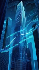 Futuristic tall building with virtual network waves for business network connection technology background