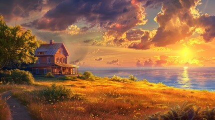 Wall Mural - no00483 An idyllic cottage nestled against a golden field meets the deep blue sea under a cloudy sunset sky in this stunning 2D illustration.