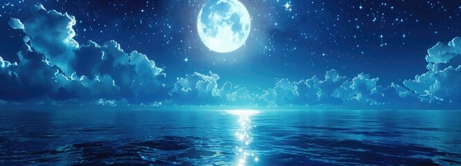 Wall Mural - Starry sky with a big full moon over the sea, a night landscape with a glowing water surface and shining clouds. 