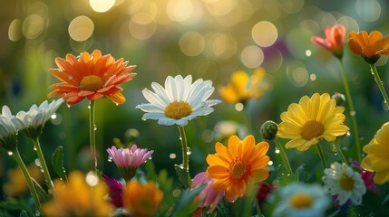 Wall Mural - Colorful Flowers in a Field of Green