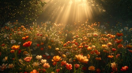 Poster - Sunbeams Through a Field of Flowers