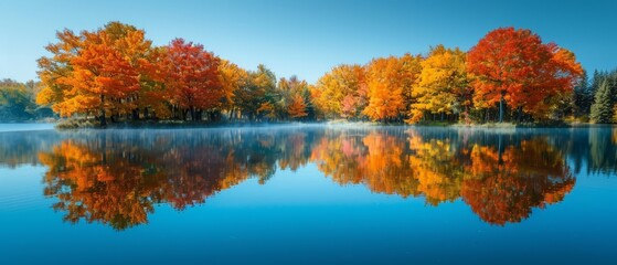 Wall Mural - Colorful autumn trees by a lake, reflection in water, seasonal beauty, copy space