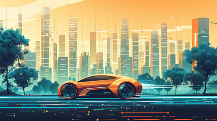 Wall Mural - Minimalist vector scene of a hybrid vehicle driving through a bustling urban landscape, showcasing the benefits of hybrid technology and sustainable transportation solutions. The design features