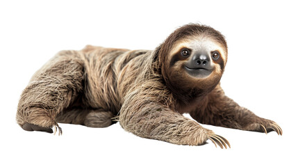 A charming sloth poses on a white background, showcasing its distinctive fur and relaxed demeanor, perfect for wildlife and nature-themed projects.on transparent background