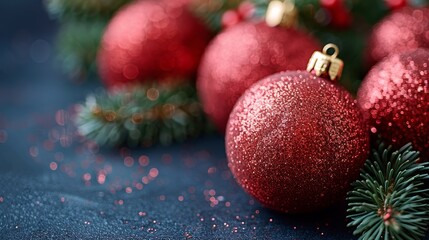 Sticker - Red Christmas Ornaments with Pine Branches and Glitter