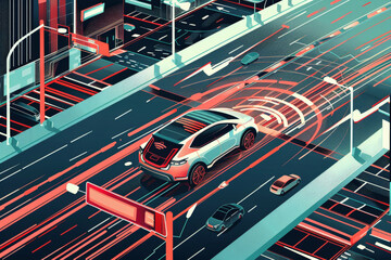 Wall Mural - Simplified vector depiction of an autonomous car navigating busy urban streets. The design highlights advanced technology and safety features of self-driving cars using minimalistic shapes and a bold