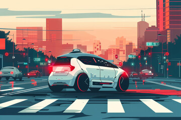 Wall Mural - Simplified vector depiction of an autonomous car navigating busy urban streets. The design highlights advanced technology and safety features of self-driving cars using minimalistic shapes and a bold