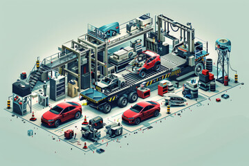 Wall Mural - Minimalist vector artwork of an automotive supply chain, depicting various stages from parts manufacturing to assembly. The illustration emphasizes the complexity and efficiency of the supply chain