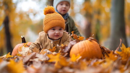 Children playing in piles of leaves or carving pumpkins, Photo shot, Natural light day