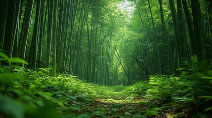 A dense bamboo forest, with tall, slender stalks reaching up towards the sky, creating a peaceful and enchanting natural setting. Minimal and Simple,