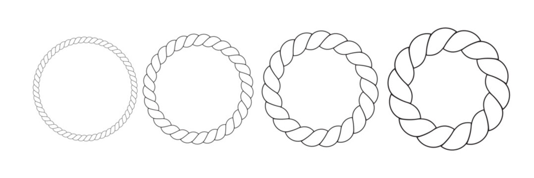 Round rope curve symbol set. Different thickness circular ropes set for decoration. Vector isolated on white.