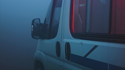 Poster - Close-up of a medical transport van's sliding door, foggy, no humans, soft focus, dim light 