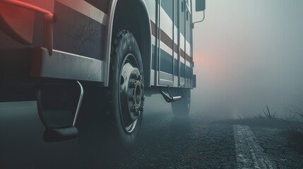 Poster - Medical transport vehicle's tires and suspension, close-up, foggy with no humans