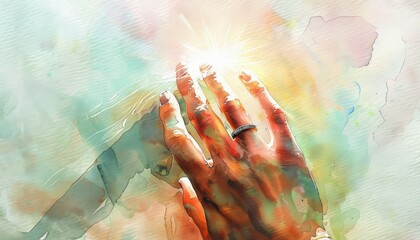 Wall Mural - A colorful watercolor painting of a hand reaching towards a bright light, symbolizing hope and healing.