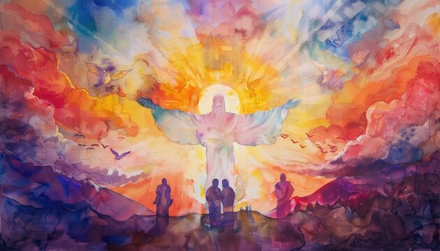 A vibrant watercolor painting depicting a radiant figure with outstretched arms surrounded by awestruck followers and a colorful sky.
