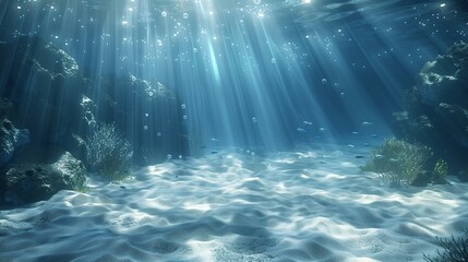 Tranquil Underwater Scene with Sunlight Beams Creating a Mesmerizing Pattern on Ocean Floor in 3D Render