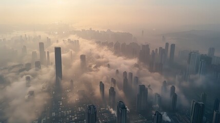 Aerial view of a city covered in thick smog from high PM 2.5 pollution levels