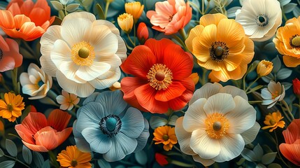 Fresh and lively spring flower background with a mix of blooming flowers in bright, cheerful colors, capturing the essence of the season's renewal and growth. Minimal and Simple,