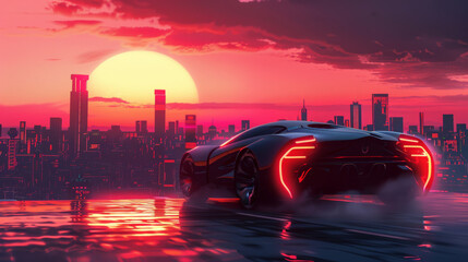 Wall Mural - Minimalist vector illustration of a sleek electric vehicle driving through a futuristic cityscape at sunset. The design showcases eco-friendly transportation, cutting-edge automotive design, and