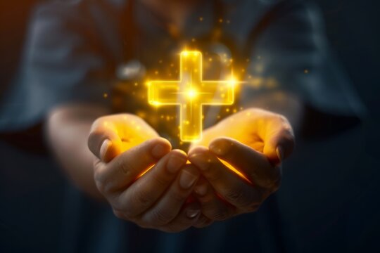 Hands holding a glowing cross symbolizing faith, hope, and spirituality. Perfect for religious concepts, Christian themes, and inspirational content.