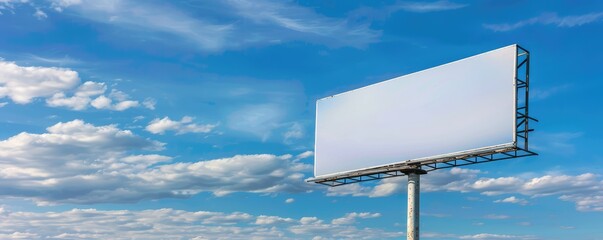 A large blank billboard with a steel frame mounted high against a blue sky with wispy clouds, perfect for advertising.