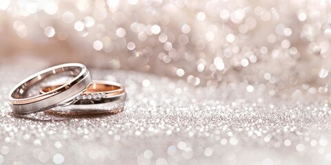 a image of two wedding rings sitting on a shiny surface