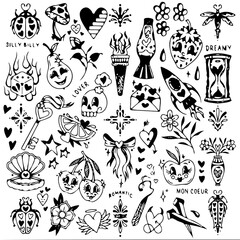 Tattoo elements set collection, vector illustration of cute style black and white icon such as, skeleton, rocket, fruits, dice, heart, hourglass and mushroom isolated on white