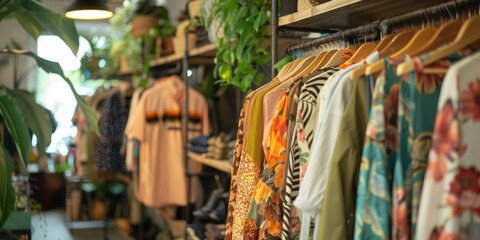 A fashionable boutique featuring clothes made from recycled fabrics generated by AI