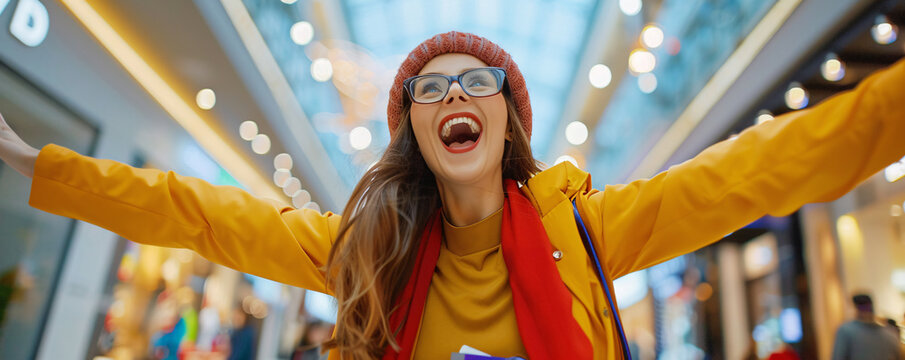 Excited young woman with arms outstretched in a shopping center, wearing a stylish winter outfit