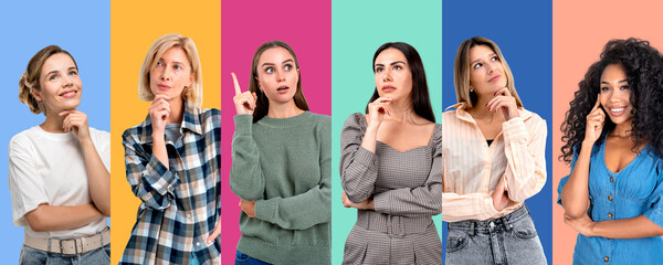 Six women are shown with thoughtful expressions. They are placed