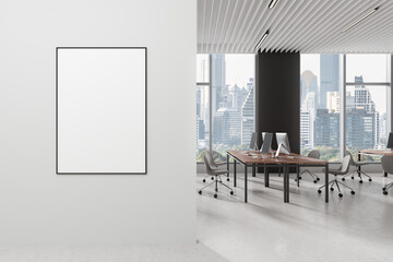 Wall Mural - Industrial office room interior with coworking space and window. Mockup frame