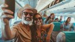 © Sompoch - The happy tourist is taking a selfie inside the airplane, capturing memories of their journey. This cheerful couple is enjoying their summer vacation together.