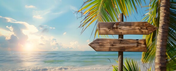 Weathered wooden sign post on sun-drenched sandy tropical coastline