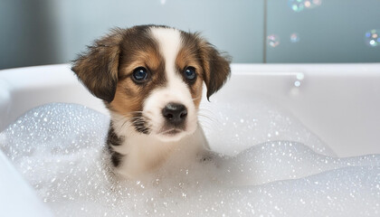 Wall Mural - An adorable puppy in a bubble bath looking worried