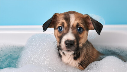 Wall Mural - An adorable puppy in a bubble bath looking worried