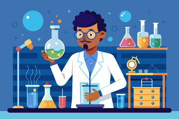 Poster - a man in a lab coat holding a flask and a clipboard, A scientist in a lab coat conducting an experiment, representing scientific exploration