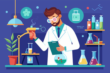Poster - a man in a lab coat holding a flask and a clipboard, A scientist in a lab coat conducting an experiment, representing scientific exploration