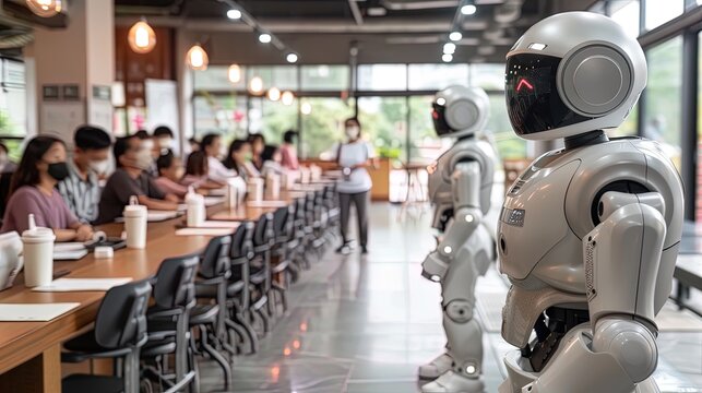 A two AI robot teachers standing in front of a group of students in class.