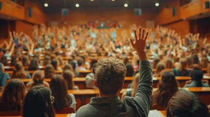 crowd in lecture hall raising hands