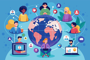 Fototapete - people are sitting around a globe with social icons, A conceptual vector artwork of technology connecting people across the globe through video conferencing