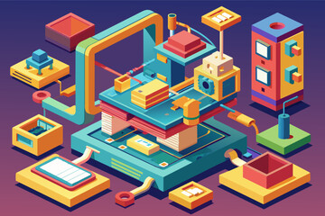 Aufkleber - a computer and other objects are shown in this illustration, A conceptual illustration of a 3D printer creating a complex object layer by layer