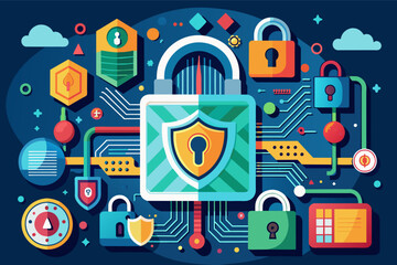 Fototapete - a padlock surrounded by various devices and icons, A conceptual illustration of a digital lock with layers of security protecting valuable information