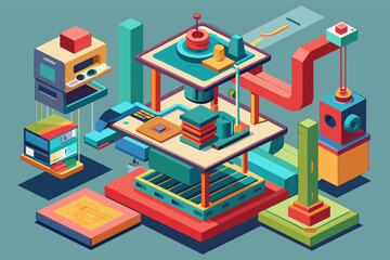 Aufkleber - a computer and other objects are shown in this illustration, A conceptual illustration of a 3D printer creating a complex object layer by layer