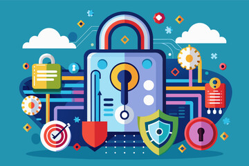 Fototapete - a padlock surrounded by various devices and icons, A conceptual illustration of a digital lock with layers of security protecting valuable information